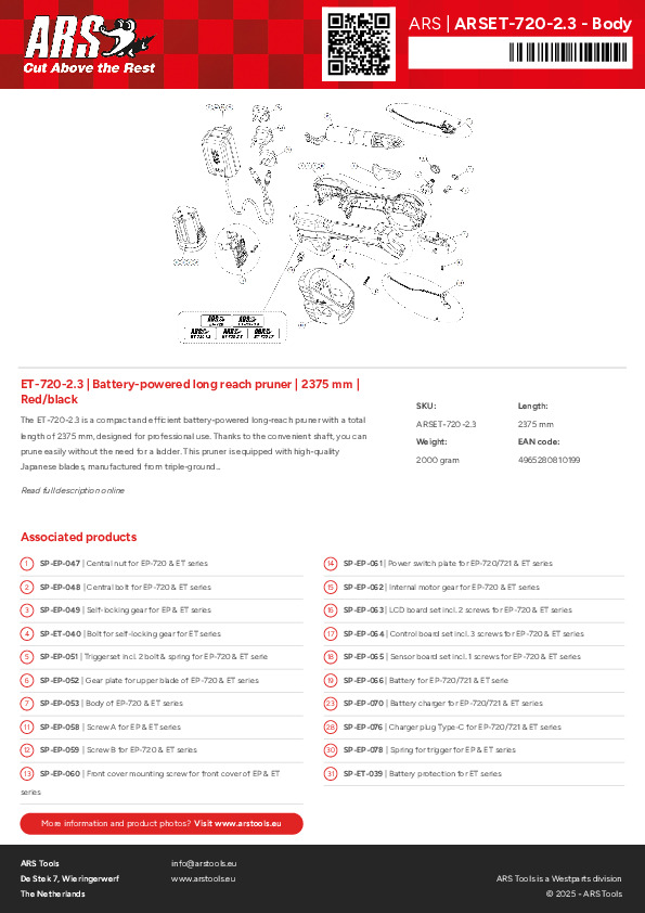 Productsheet Battery-powered long reach pruner | 2375 mm | Red/black